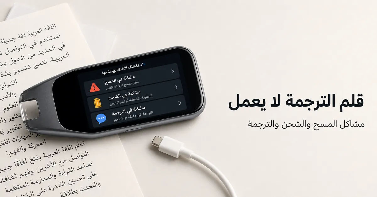 قلم ترجمة يعرض شاشة فحص الأعطال بجانب نص مطبوع وكابل شحن.