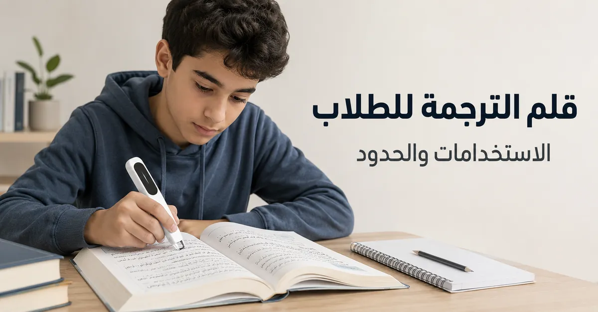 طالب يستخدم قلم ترجمة على كتاب دراسي للدراسة ودعم القراءة.