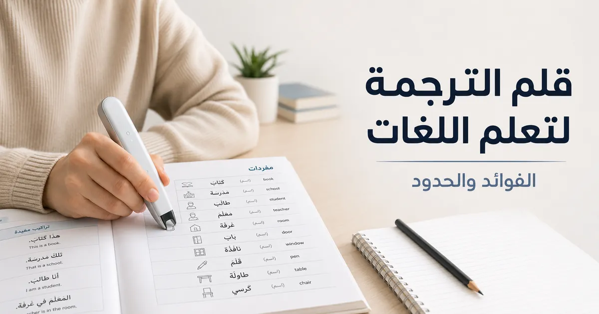 متعلم لغة يستخدم قلم ترجمة لمسح المفردات في درس مطبوع.