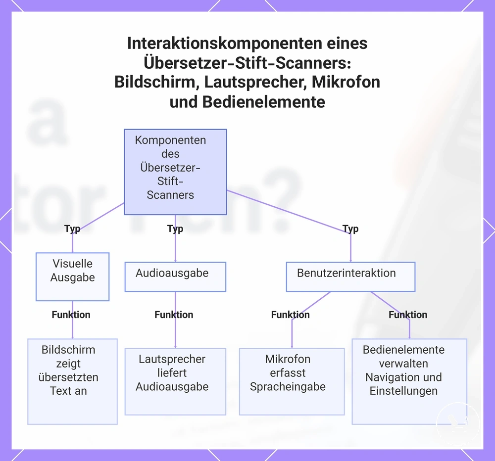 Interaktionskomponenten eines Übersetzer-Stift-Scanners: Bildschirm, Lautsprecher, Mikrofon und Bedienelemente