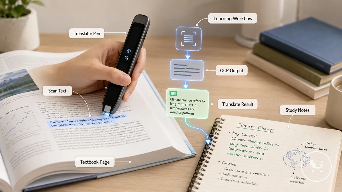 Studien-Workflow mit Übersetzungsstift beim Scannen von Lehrbuchseiten