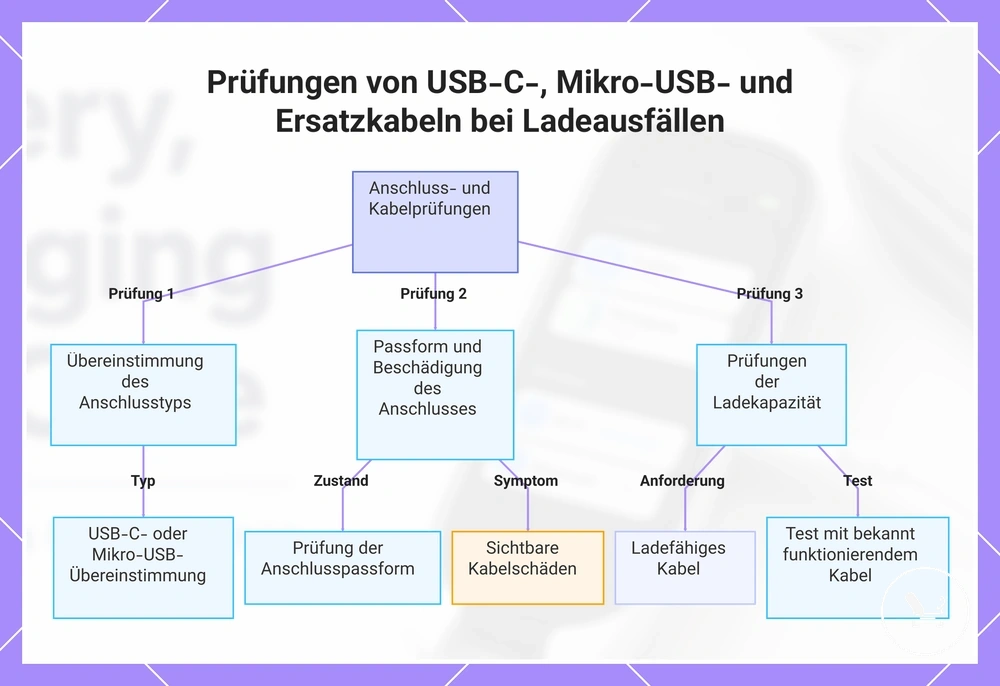 Prüfungen von USB-C-, Mikro-USB- und Ersatzkabeln bei Ladeausfällen