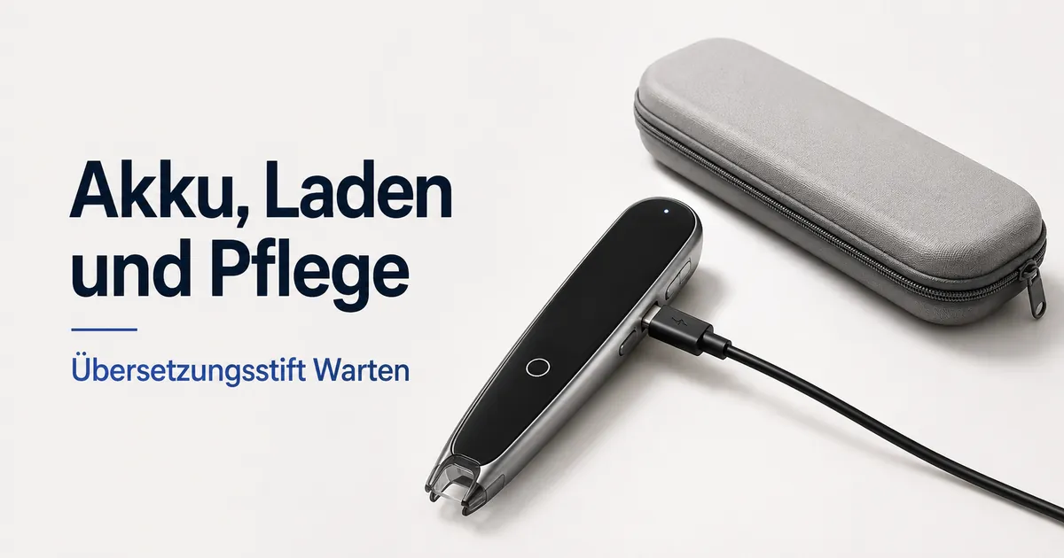Übersetzungsstift an einem Ladekabel neben einer sauberen Aufbewahrungshülle.