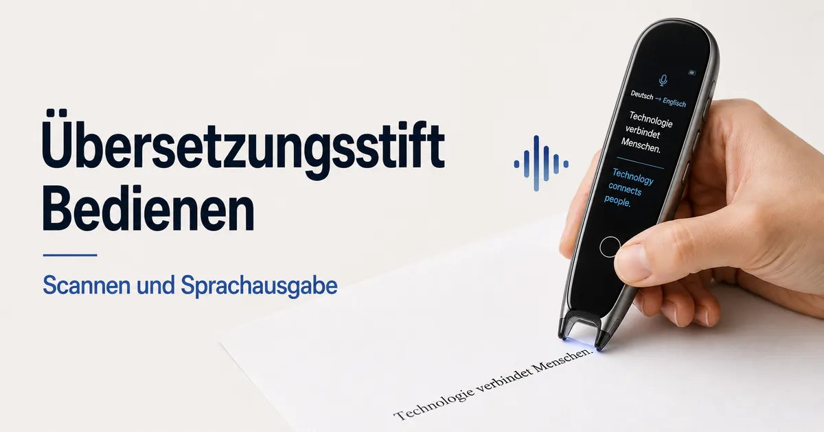 Hand bedient einen Übersetzungsstift, um gedruckten Text zu scannen und Sprachausgabe auszulösen.