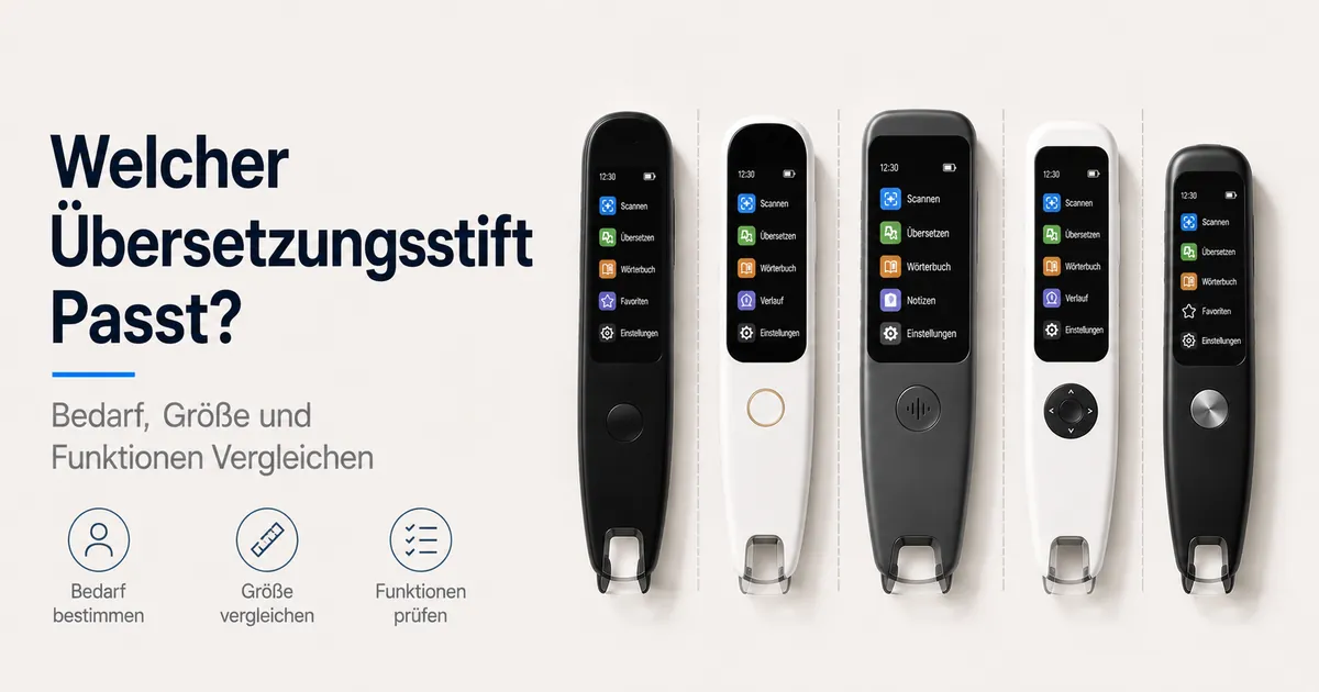 Mehrere Übersetzungsstifte sind angeordnet, um Größe, Display und Scan-Funktionen zu vergleichen.