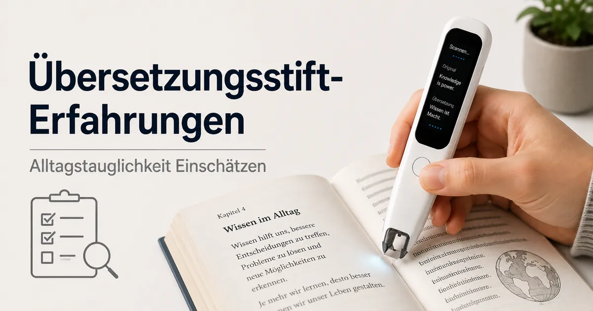 Übersetzungsstift auf einem Buch zur Bewertung von Scan- und Lesefunktionen im Alltag.