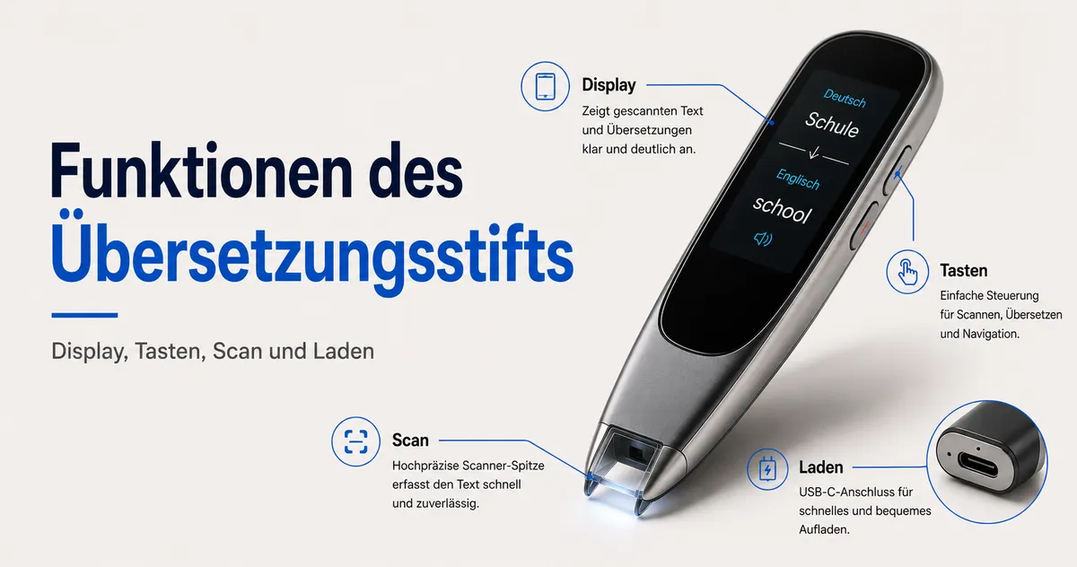 Funktionsaufbau eines Übersetzungsstifts mit Display, Tasten, Scanspitze und Ladeanschluss.