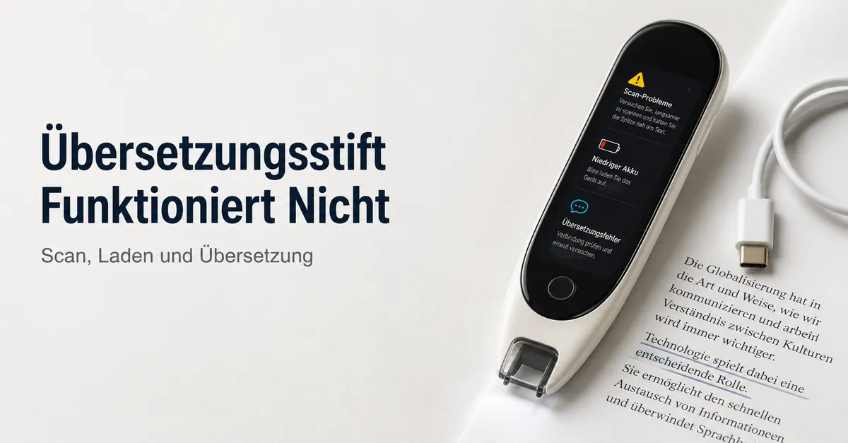 Übersetzungsstift mit Fehlerbildschirm neben gedrucktem Text und Ladekabel.