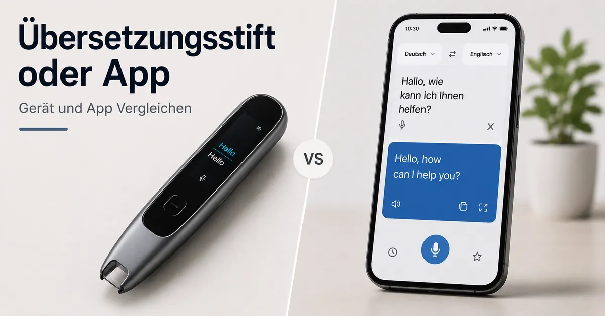 Übersetzungsstift neben einer Übersetzungs-App auf einem Smartphone zum Vergleich von Gerät und App.