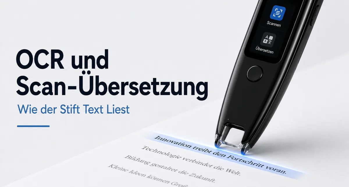 Übersetzungsstift scannt mit der OCR-Spitze eine Zeile gedruckten Text auf einer Seite.