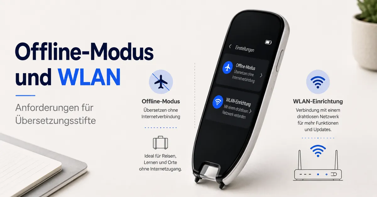 Display eines Übersetzungsstifts mit Offline-Übersetzungsmodus und Symbolen für drahtlose Einrichtung.