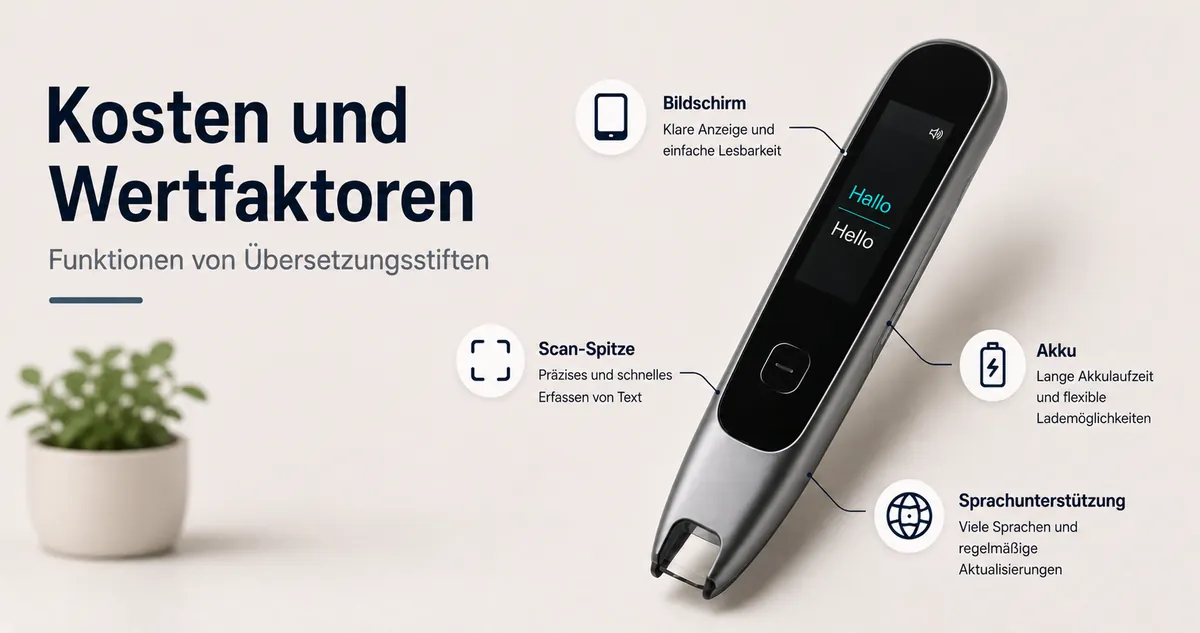 Übersetzungsstift mit Funktionshinweisen zum Vergleich von Preis und Wert.