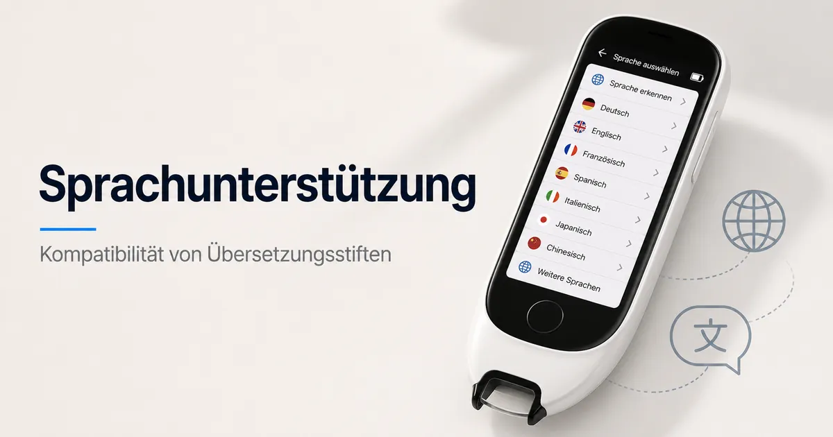 Benutzeroberfläche eines Übersetzungsstifts mit Optionen zur Sprachauswahl für Übersetzungen.