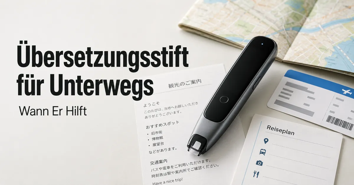 Tragbarer Übersetzungsstift mit Unterlagen für unterwegs und gedrucktem fremdsprachigem Text.