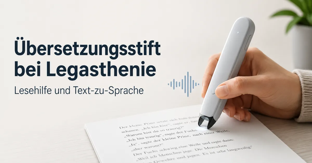 Übersetzungsstift auf gedrucktem Text zur Leseunterstützung und Text-zu-Sprache-Hilfe.