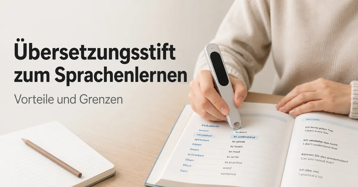 Sprachlernende Person scannt Vokabeln in einem gedruckten Lehrbuch mit einem Übersetzungsstift.