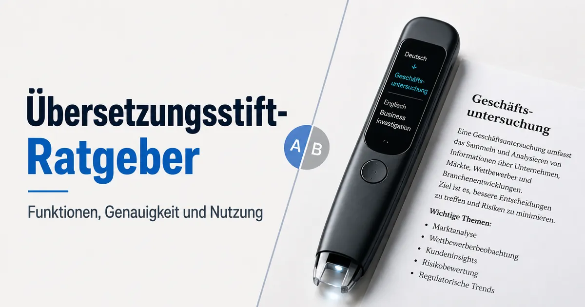 Übersetzungsstift mit Scanspitze, Display und gedrucktem Text zum Funktionsvergleich.