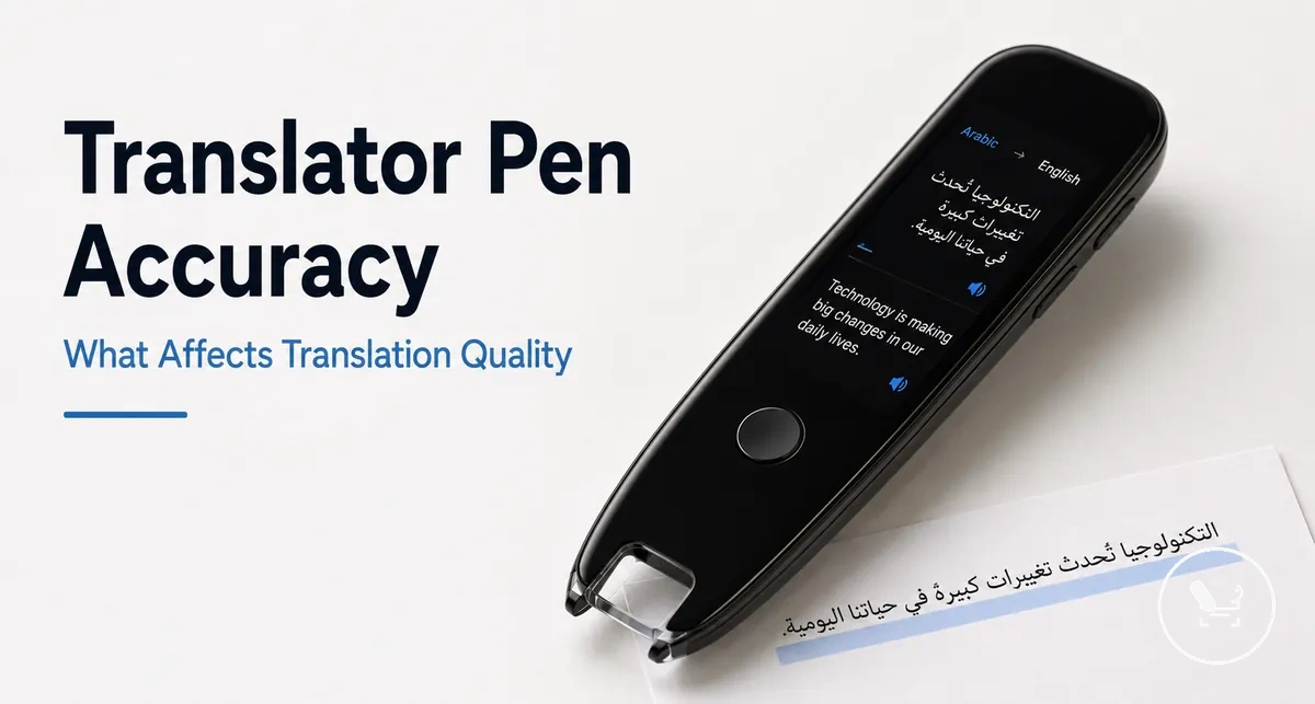 Translator pen screen displaying translated text after scanning a printed sentence.