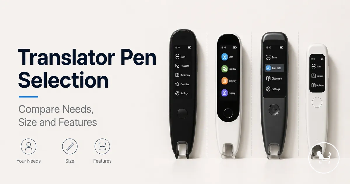 Several translator pens arranged for comparing size, screen, and scanning features.