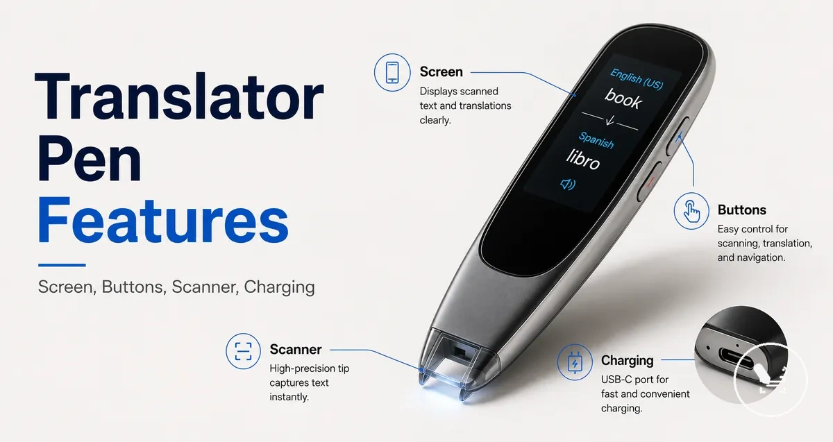 Translator pen feature layout with screen, buttons, scanner tip, and charging port.