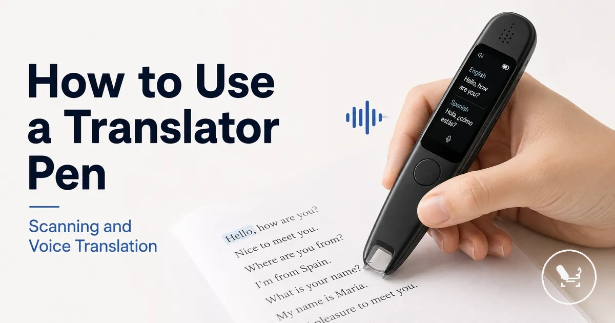 Hand using a translator pen to scan printed text and trigger voice translation.