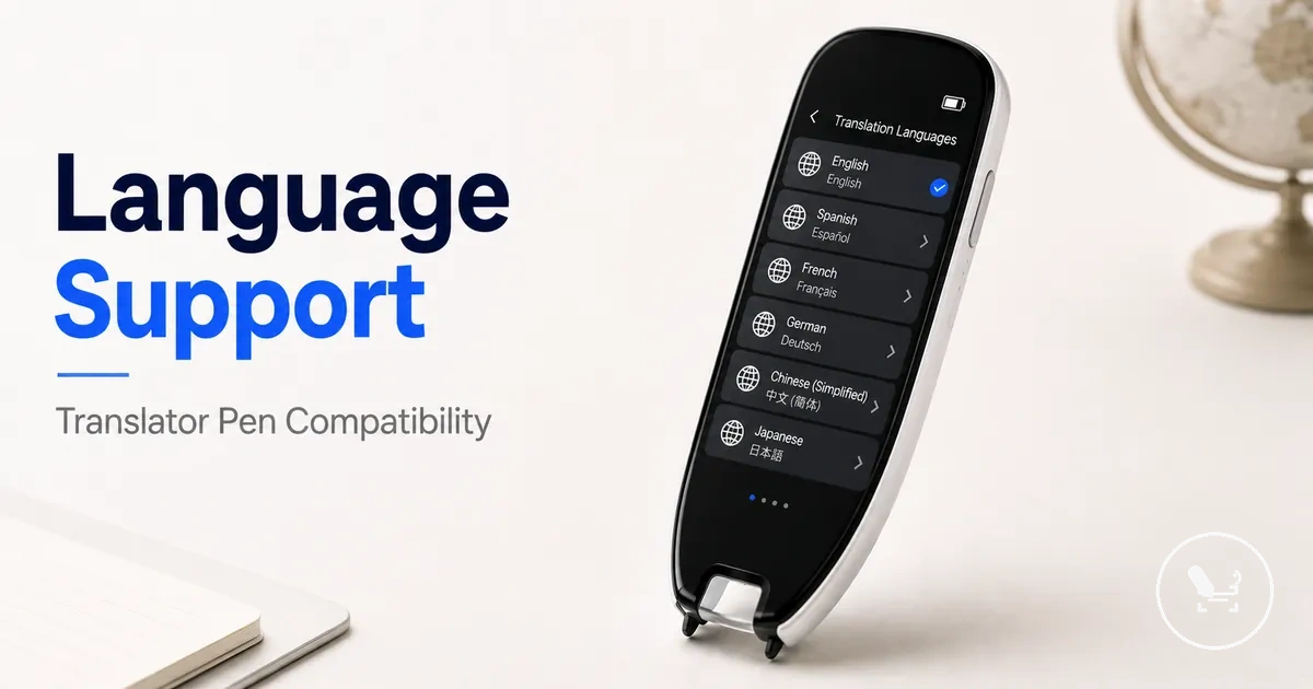 Translator pen interface showing language selection options for translation.