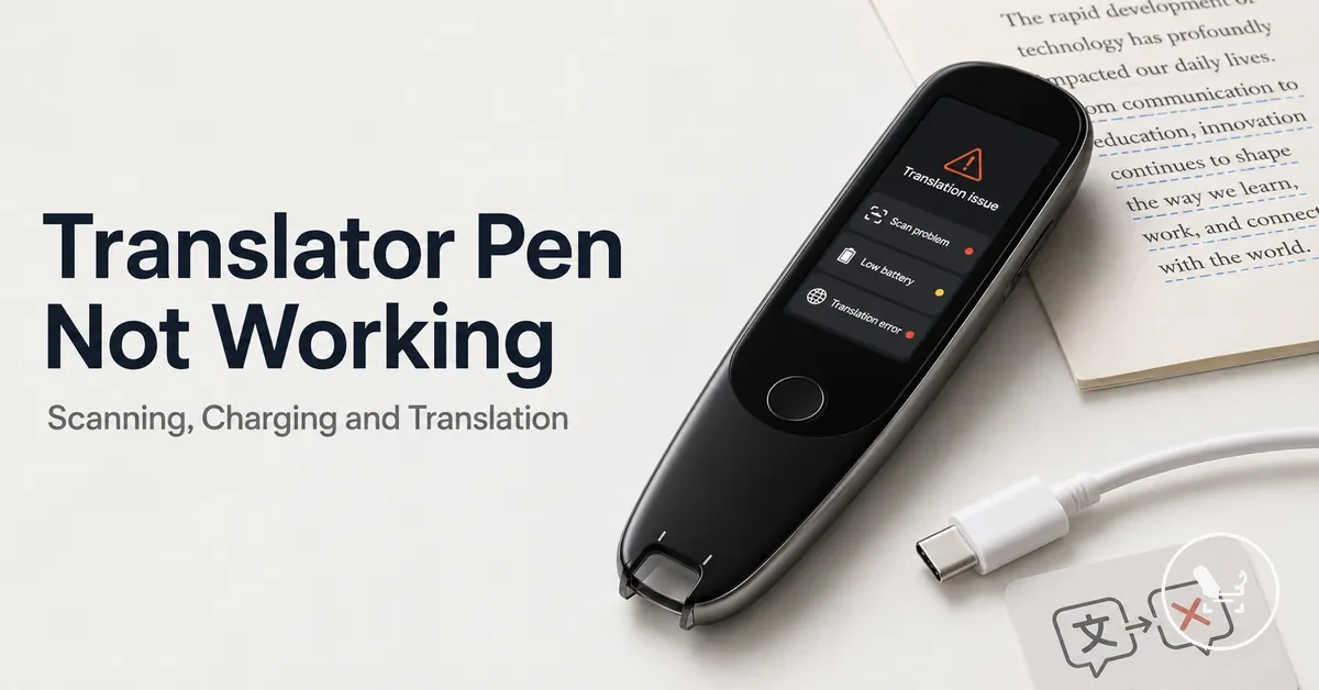 Translator pen showing a troubleshooting screen near printed text and a charging cable.