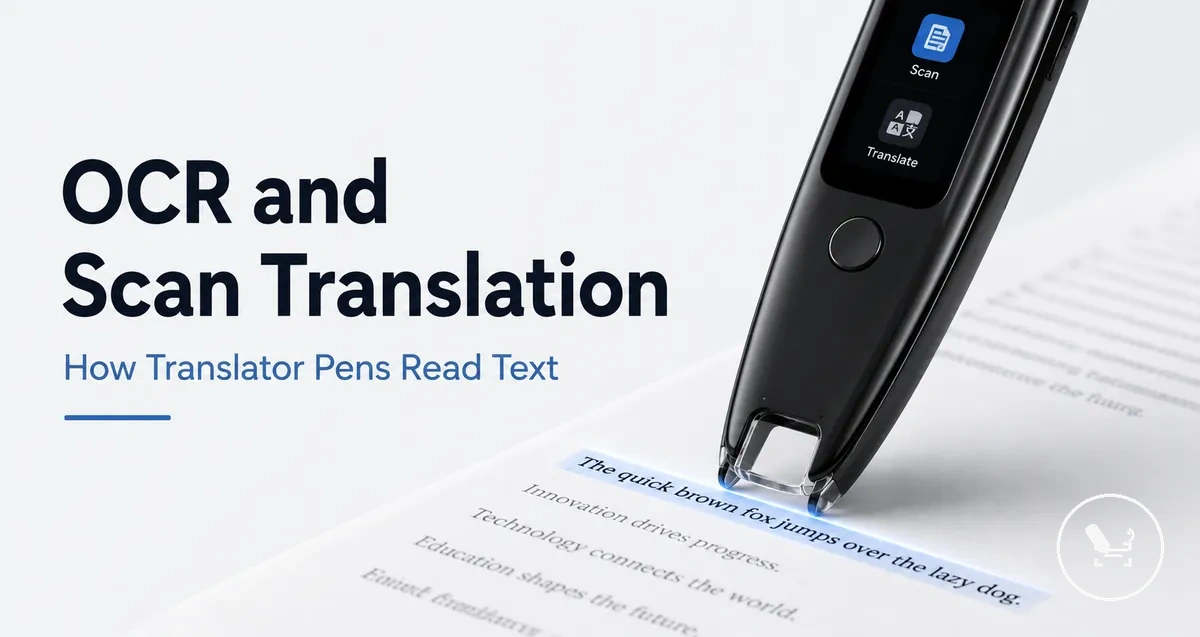 Translator pen scanning a line of printed text with the OCR tip placed on the page.