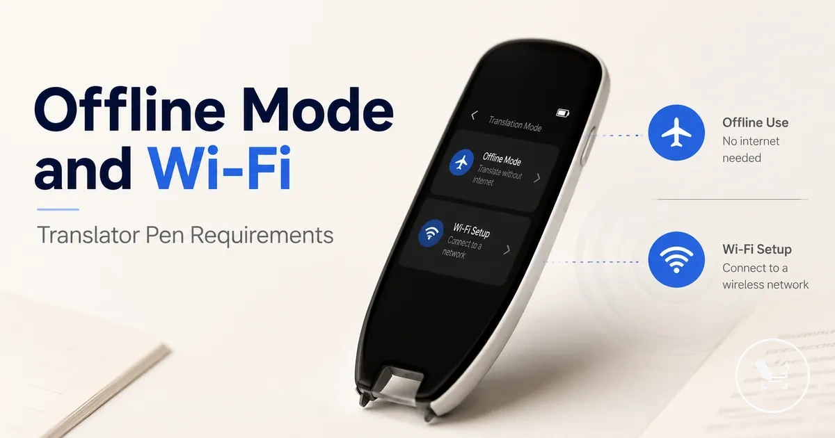 Translator pen screen showing offline translation mode and wireless setup symbols.
