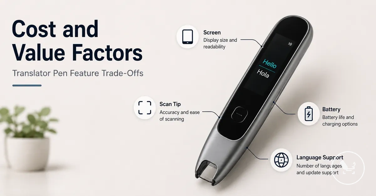 Translator pen with feature callouts used to compare price and value factors.