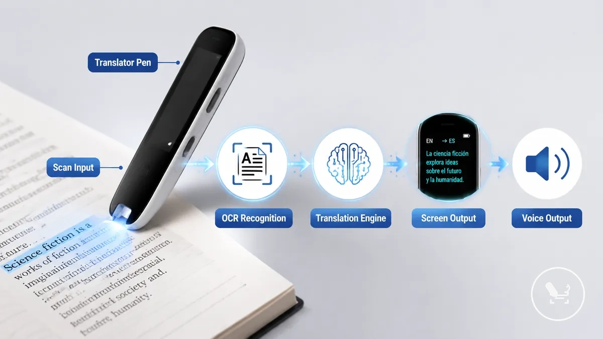 Translator pen scanning printed text with OCR recognition and translation output on screen