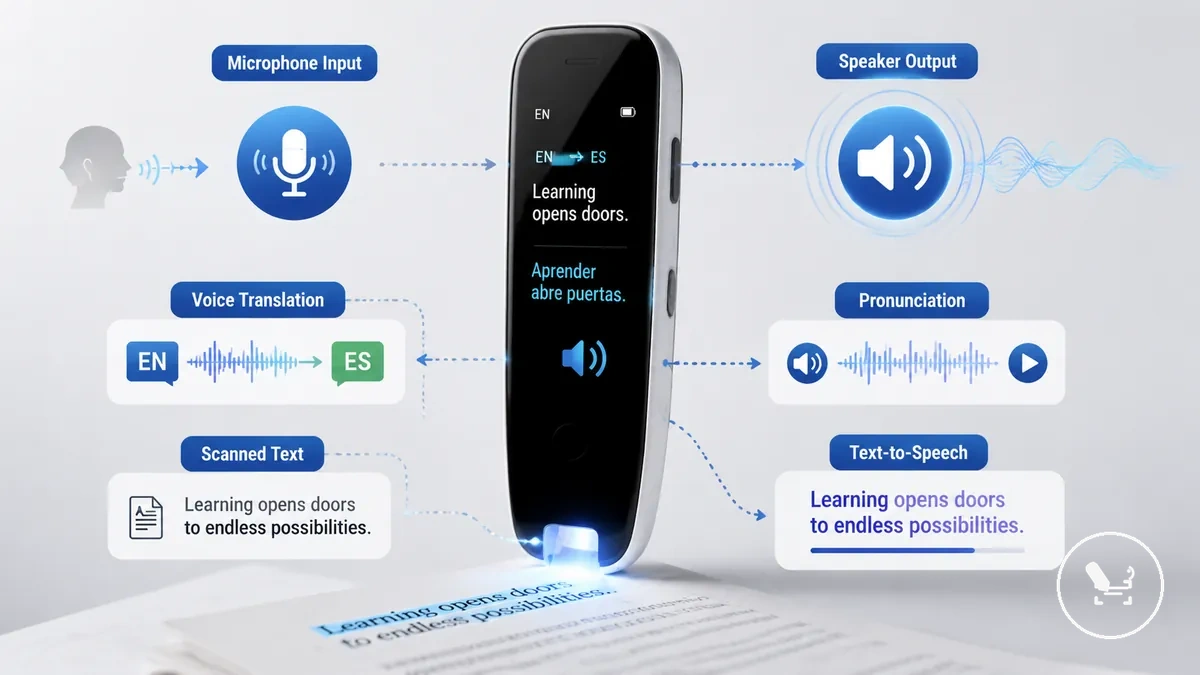 Voice translation and text-to-speech functions in a translator pen showing audio input and output flow