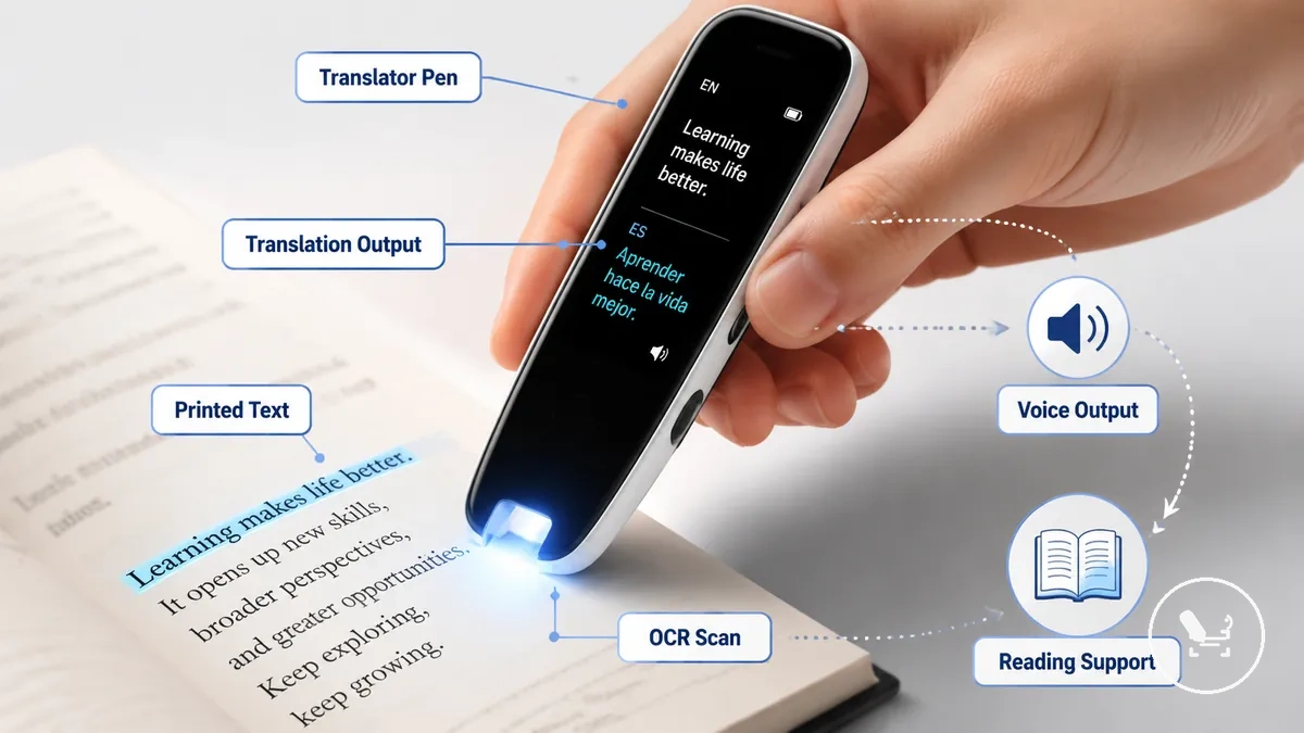 Translator pen scanning printed text with OCR translation on a device screen