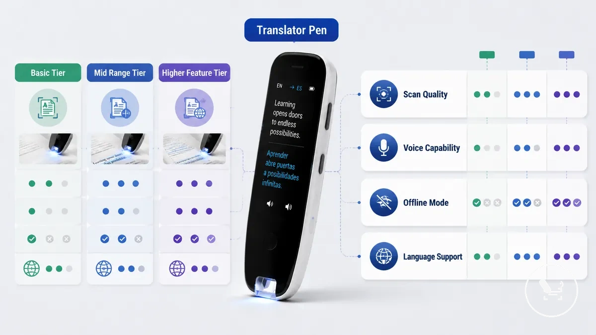 Comparison graphic of translator pen price ranges by feature level.
