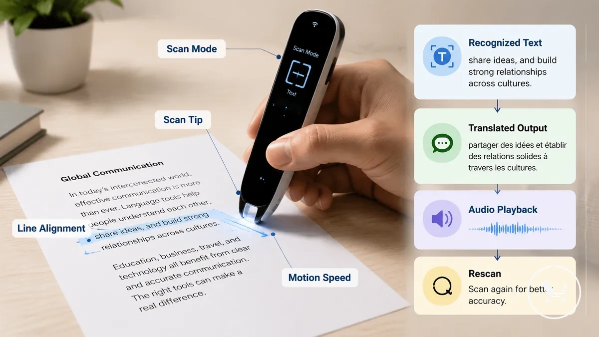 Translator pen scanning printed text with scan tip alignment and movement direction