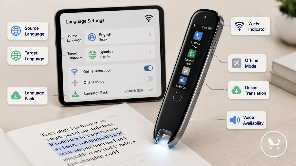 Translator pen language and connection readiness showing Wi-Fi, offline mode, and language selection