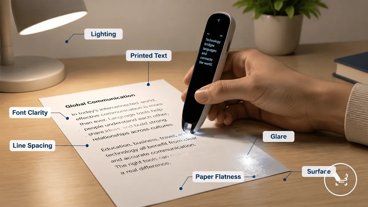 Printed text scanning conditions showing lighting, surface flatness, and text clarity for translator pen use