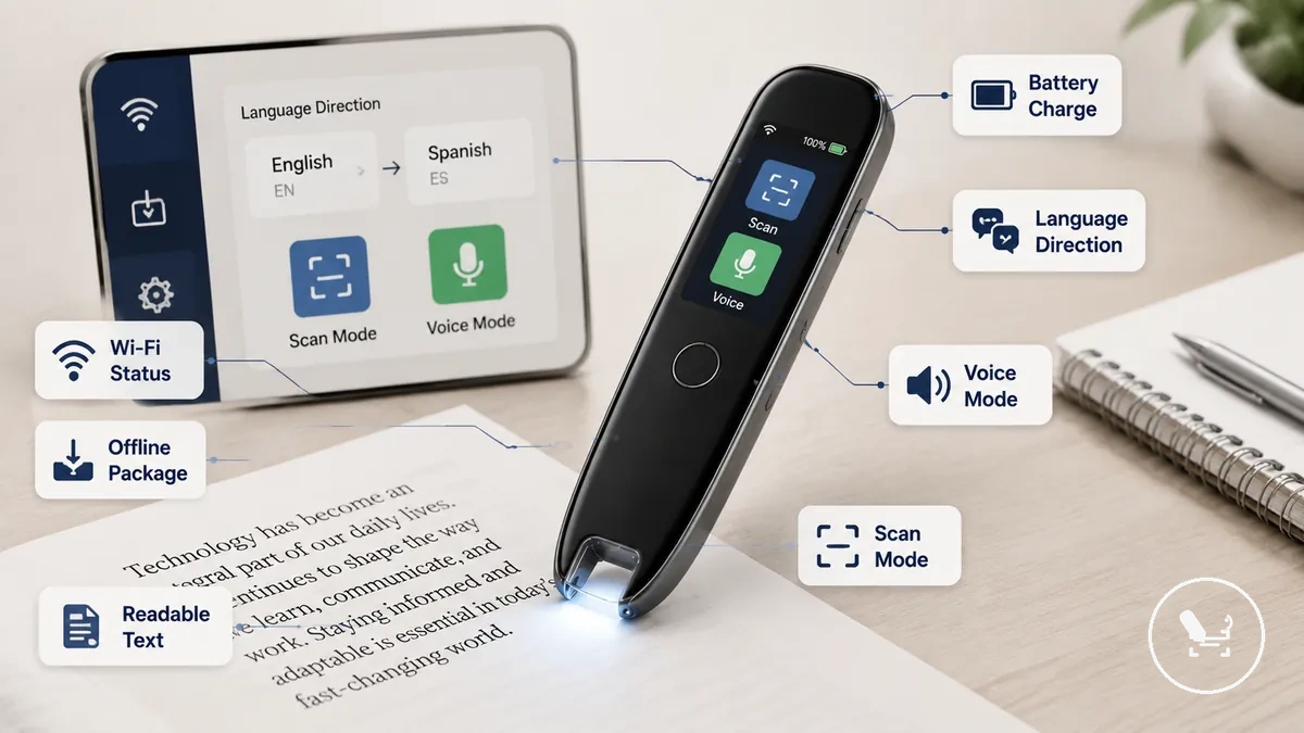 Translator pen readiness checks including screen status, language settings, and printed text preview