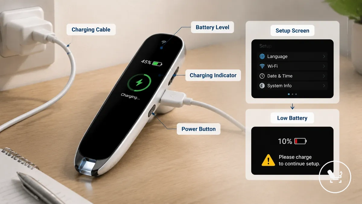 Translator pen connected to charging cable with battery indicator and setup screen readiness signals