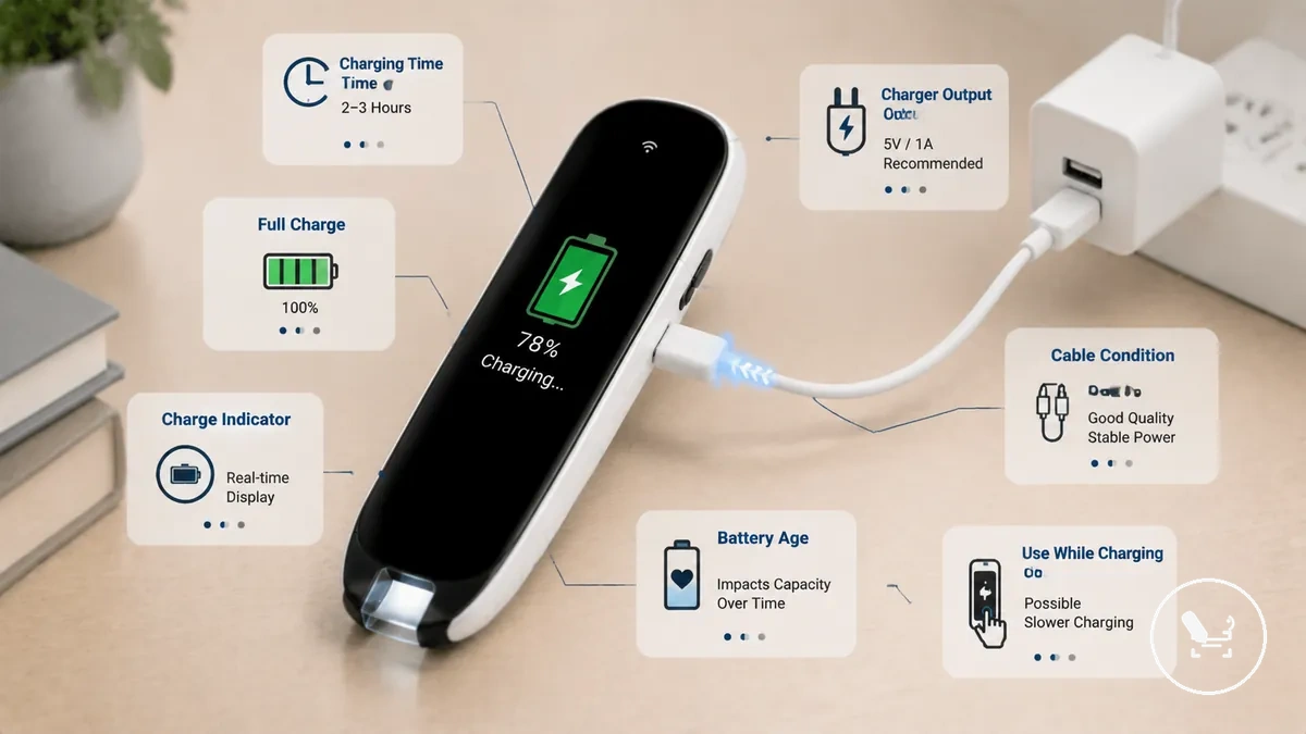 Translator pen charging connected to USB power source with visible charge indicator and battery level display