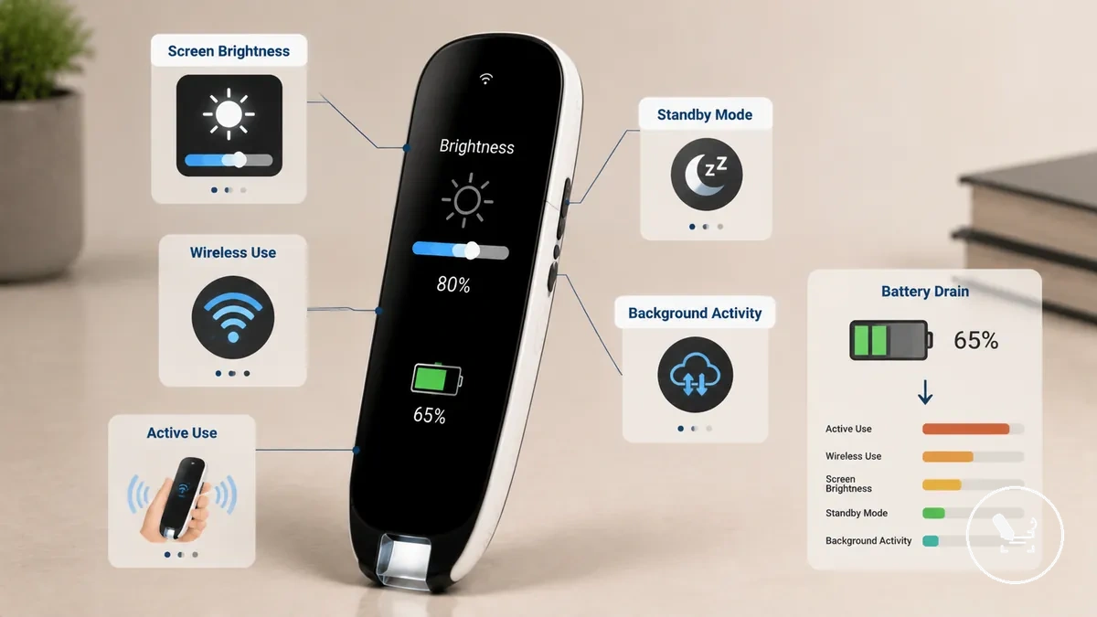 Translator pen screen brightness wireless activity standby and battery indicator illustration
