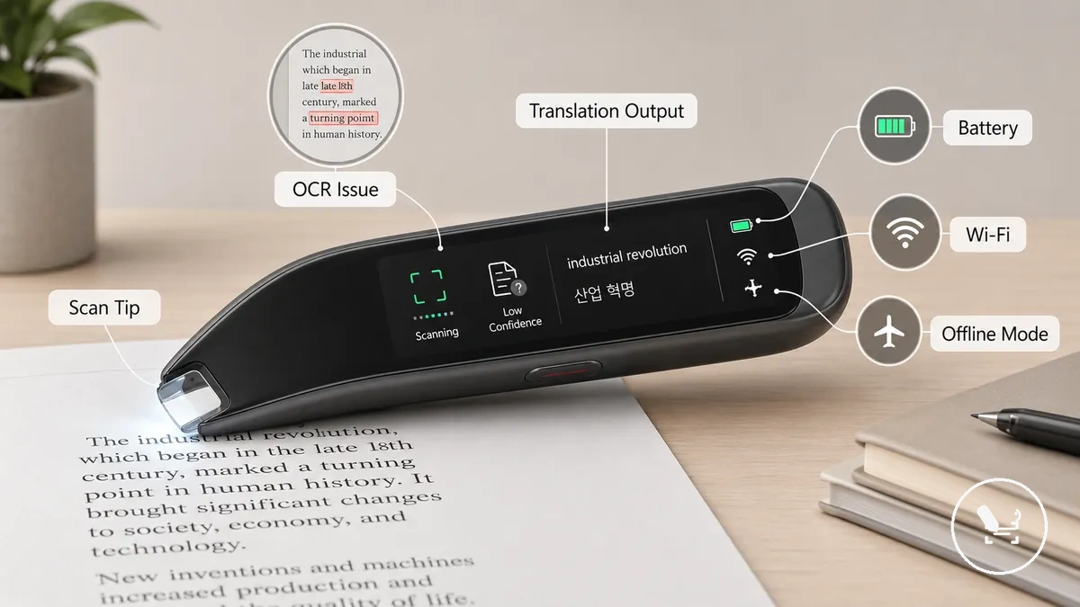 Translator pen with labelled scanning, battery, and connection failure symptoms