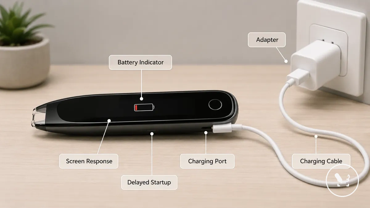 Translator pen connected to a charging cable with battery and power response indicators