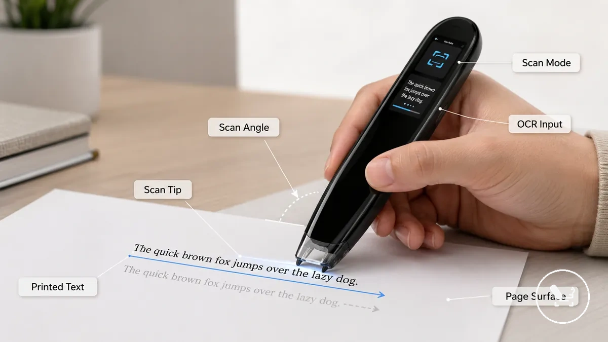 Translator pen scan tip positioned on printed text to show scanning contact and angle
