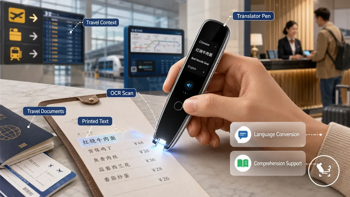 Travel environments showing airport signage hotel check-in immigration forms and transit navigation instructions