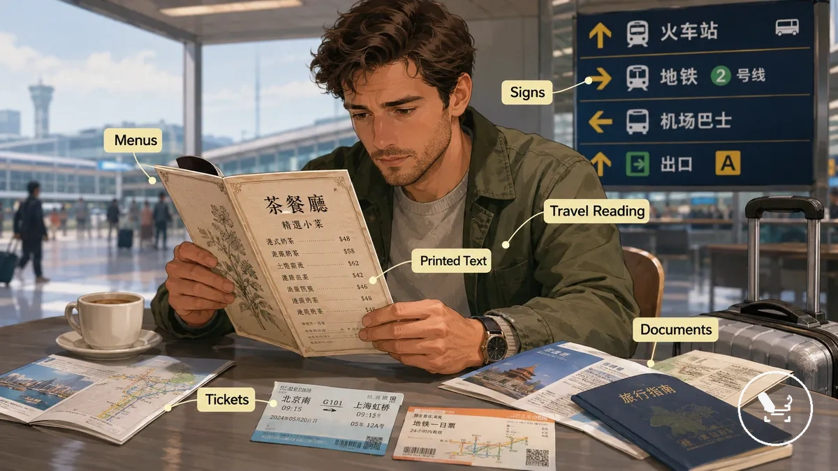 Travel reading scenarios showing menus tickets signs and brochures with foreign printed text
