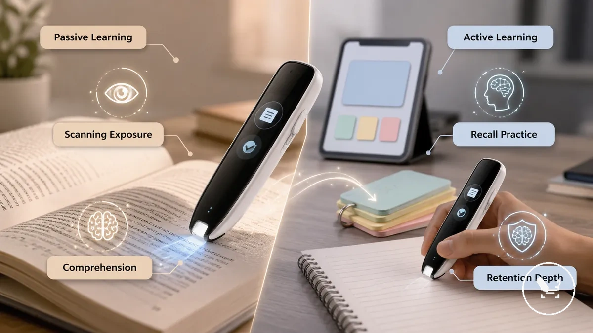 Active vs passive learning with translator pen showing scanning and recall processes