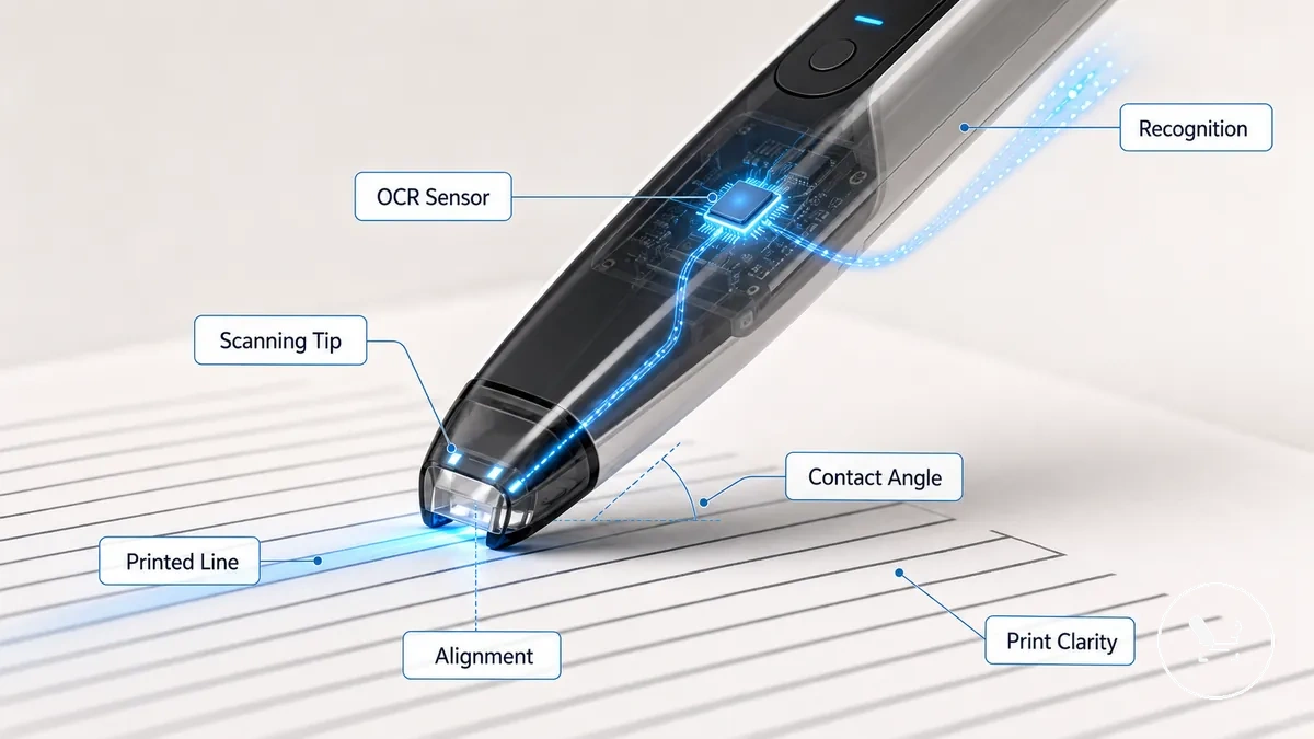 Scanning tip and OCR sensor capturing printed line alignment and text recognition process