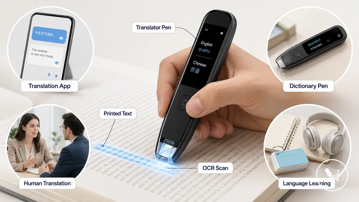 Translator pen scanning printed text with comparison of language tools