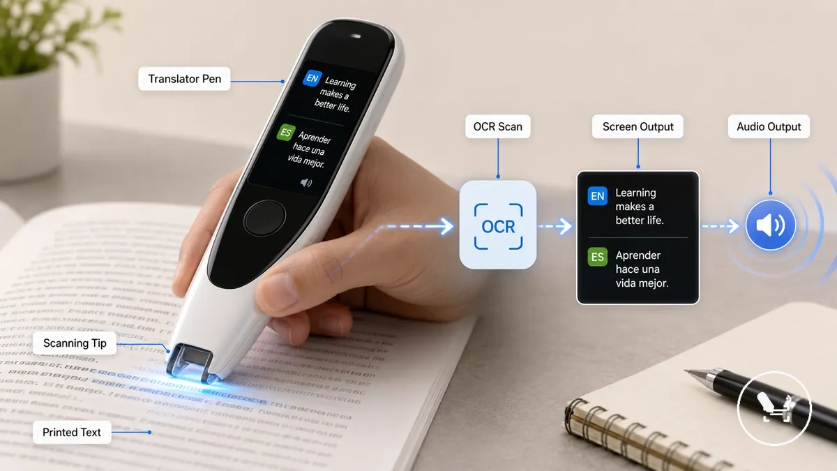 Translator pen scanning printed text with screen output visible